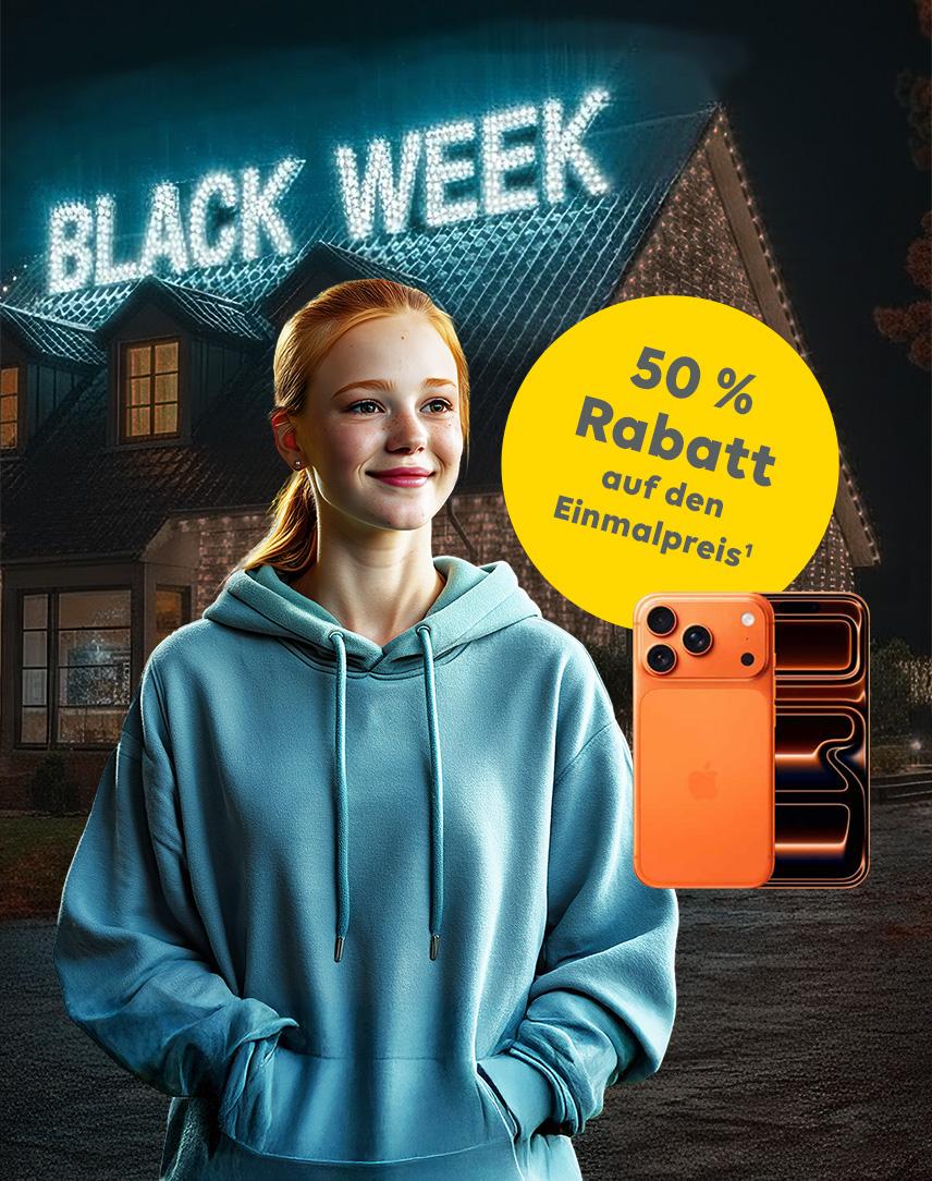 Ein Frau steht vor seinem Haus, auf dem der Schriftzug "Black Week" in Leuchtbuchstaben zu lesen ist, daneben ist ein Smartphone zu sehen
