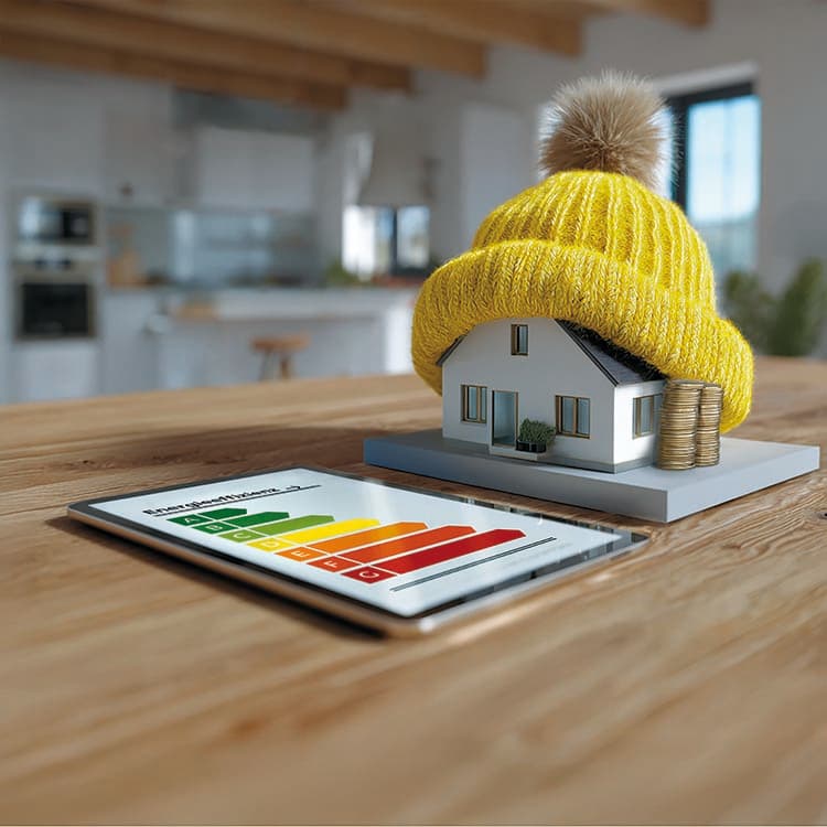 Stilisiert: Haus mit Pudelmütze, daneben Tablet mit Energieausweis
